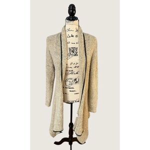 John Fashion Wool Blend Open Front Cardigan Sequin Sparkle Beige Black Trim M